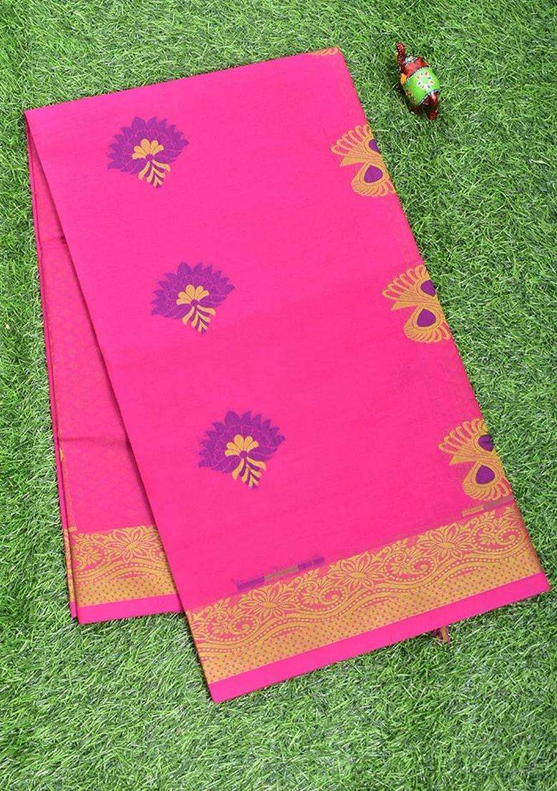 Coimbatore Cotton Dark Pink Butta Saree With Thread Woven Border With Buttas And Brocade Design For Women - Indya