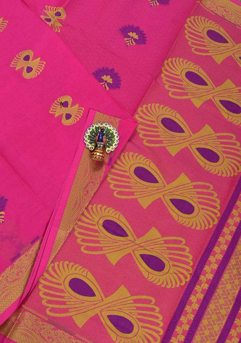 Coimbatore Cotton Dark Pink Butta Saree With Thread Woven Border With Buttas And Brocade Design For Women - Indya