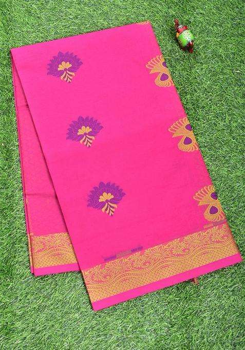 Coimbatore Cotton Dark Pink Butta Saree With Thread Woven Border With Buttas And Brocade Design For Women