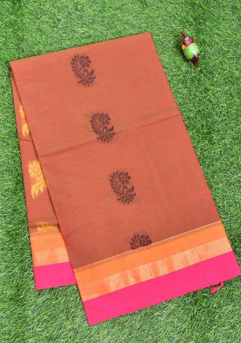 Coimbatore Cotton Brown Color Butta Saree With Plain Border With Buttas And Brocade Design For Women - Indya