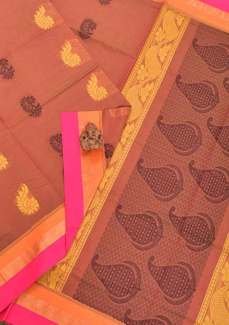 Coimbatore Cotton Brown Color Butta Saree With Plain Border With Buttas And Brocade Design For Women - Indya
