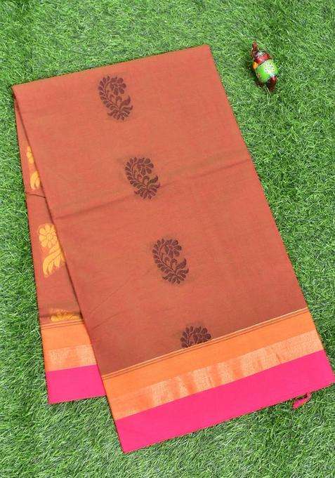 Coimbatore Cotton Brown Color Butta Saree With Plain Border With Buttas And Brocade Design For Women