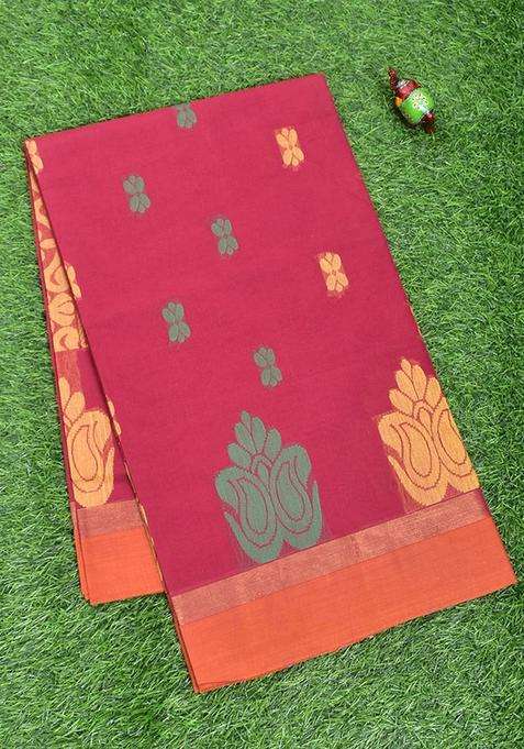 Coimbatore Cotton Red Color Butta Saree With Plain Border With Buttas And Brocade Design For Women