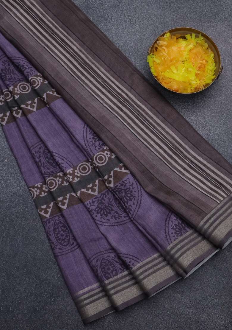 Semi Tussar Saree Violet Shade And Elephant Grey With Allover Geometric Prints And Zari Woven Border With Printed Design For Women - Indya