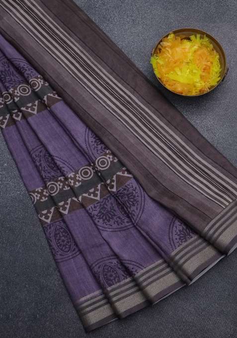 Semi Tussar Saree Violet Shade And Elephant Grey With Allover Geometric Prints And Zari Woven Border With Printed Design For Women