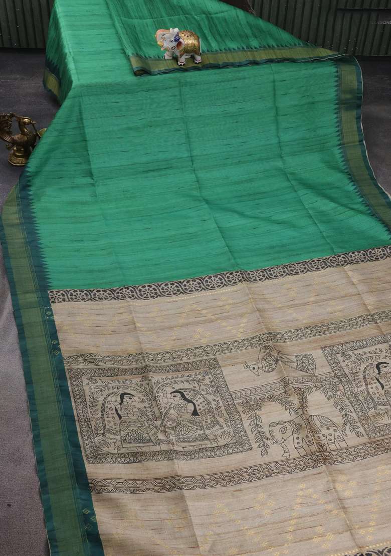 Semi Tussar Saree Green And Beige With Plain Body And Madhubani Printed Pallu For Women - Indya