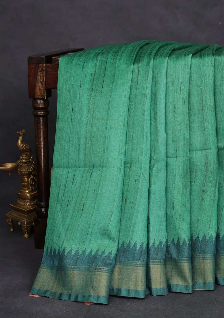 Semi Tussar Saree Green And Beige With Plain Body And Madhubani Printed Pallu For Women - Indya