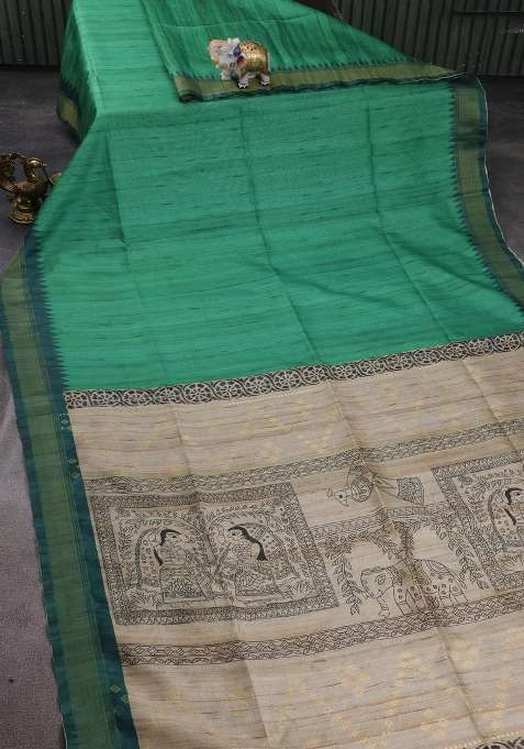 Semi Tussar Saree Green And Beige With Plain Body And Madhubani Printed Pallu For Women