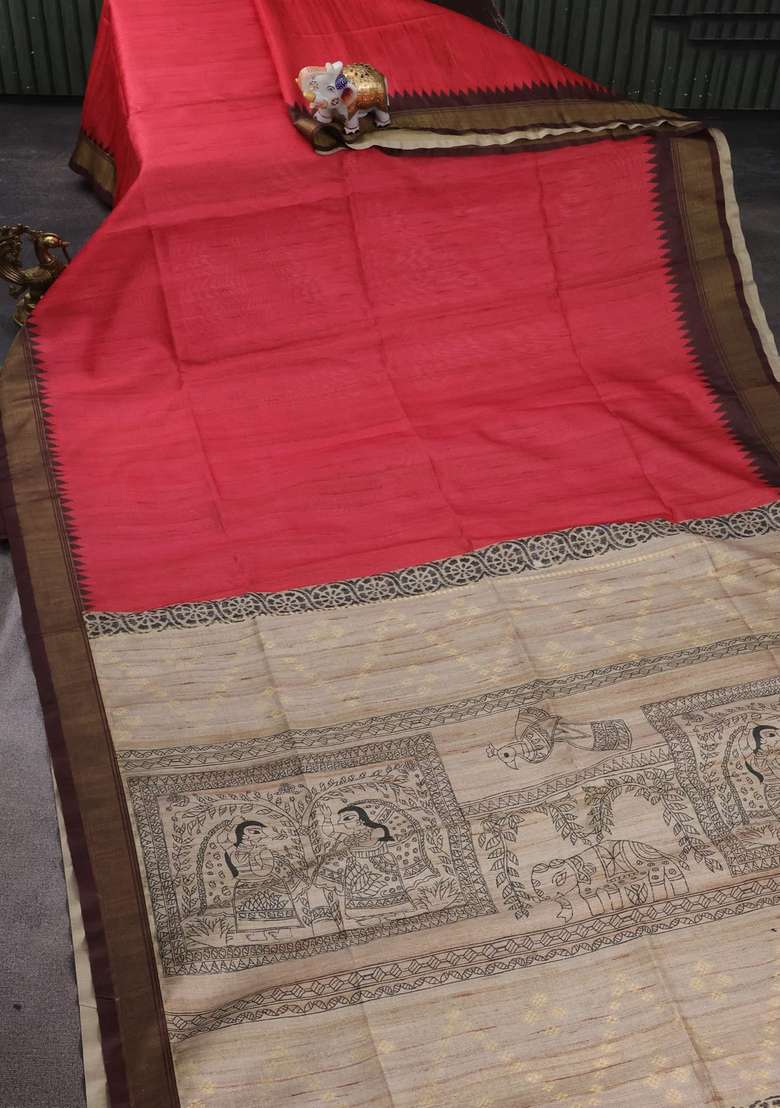 Semi Tussar Saree Red And Beige With Plain Body And Madhubani Printed Pallu For Women - Indya