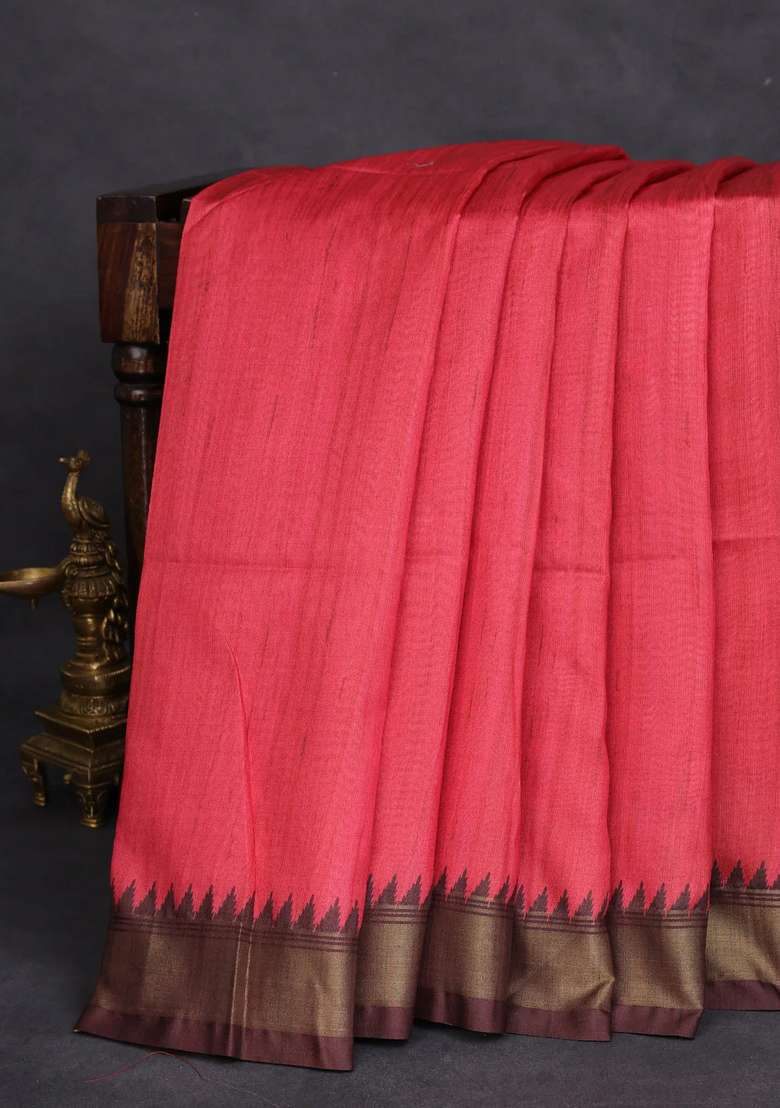 Semi Tussar Saree Red And Beige With Plain Body And Madhubani Printed Pallu For Women - Indya