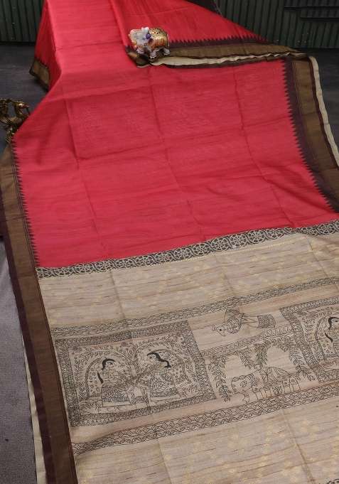 Semi Tussar Saree Red And Beige With Plain Body And Madhubani Printed Pallu For Women