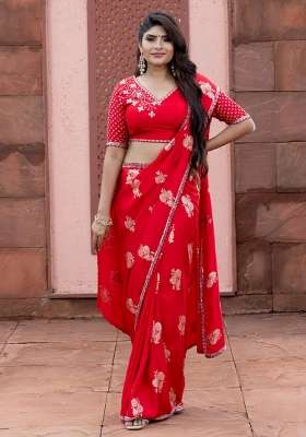 Banarasi Silk Saree Red With Floral Zari Woven Buttas And Beaded Work Border With Buttas And Brocade Design For Women