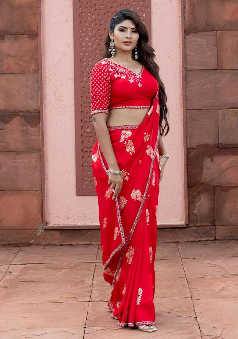 Banarasi Silk Saree Red With Floral Zari Woven Buttas And Beaded Work Border With Buttas And Brocade Design For Women - Indya