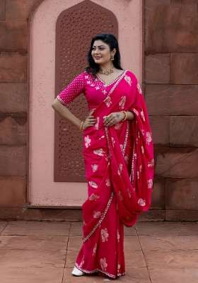 Banarasi Silk Saree Pink With Floral Zari Woven Buttas And Beaded Work Border With Buttas And Brocade Design For Women