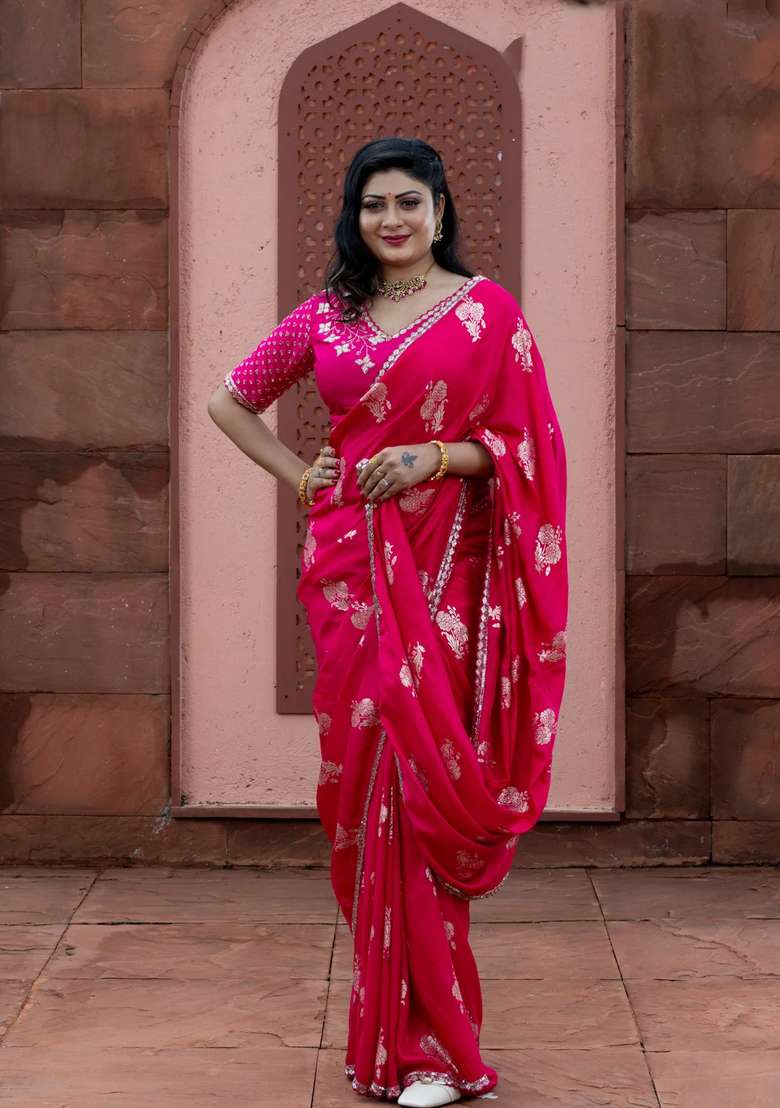 Banarasi Silk Saree Pink With Floral Zari Woven Buttas And Beaded Work Border With Buttas And Brocade Design For Women - Indya