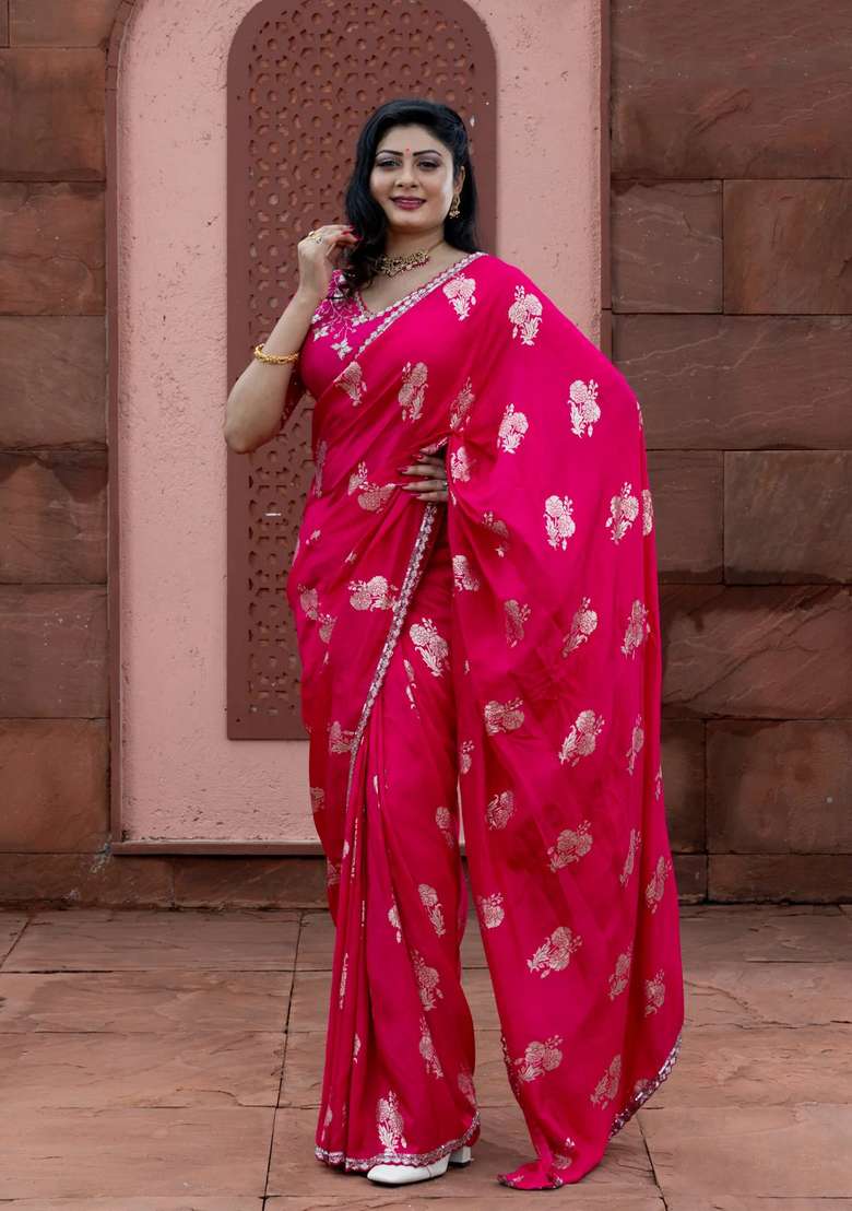 Banarasi Silk Saree Pink With Floral Zari Woven Buttas And Beaded Work Border With Buttas And Brocade Design For Women - Indya