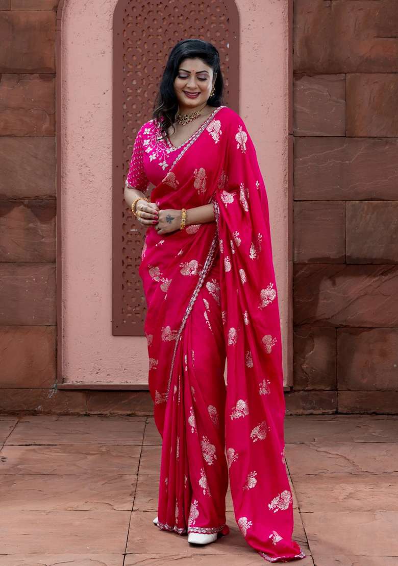 Banarasi Silk Saree Pink With Floral Zari Woven Buttas And Beaded Work Border With Buttas And Brocade Design For Women - Indya