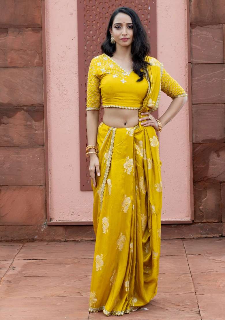 Banarasi Silk Saree Lime Yellow With Floral Zari Woven Buttas And Beaded Work Border With Buttas And Brocade Design For Women - Indya