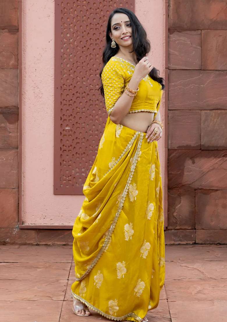Banarasi Silk Saree Lime Yellow With Floral Zari Woven Buttas And Beaded Work Border With Buttas And Brocade Design For Women - Indya