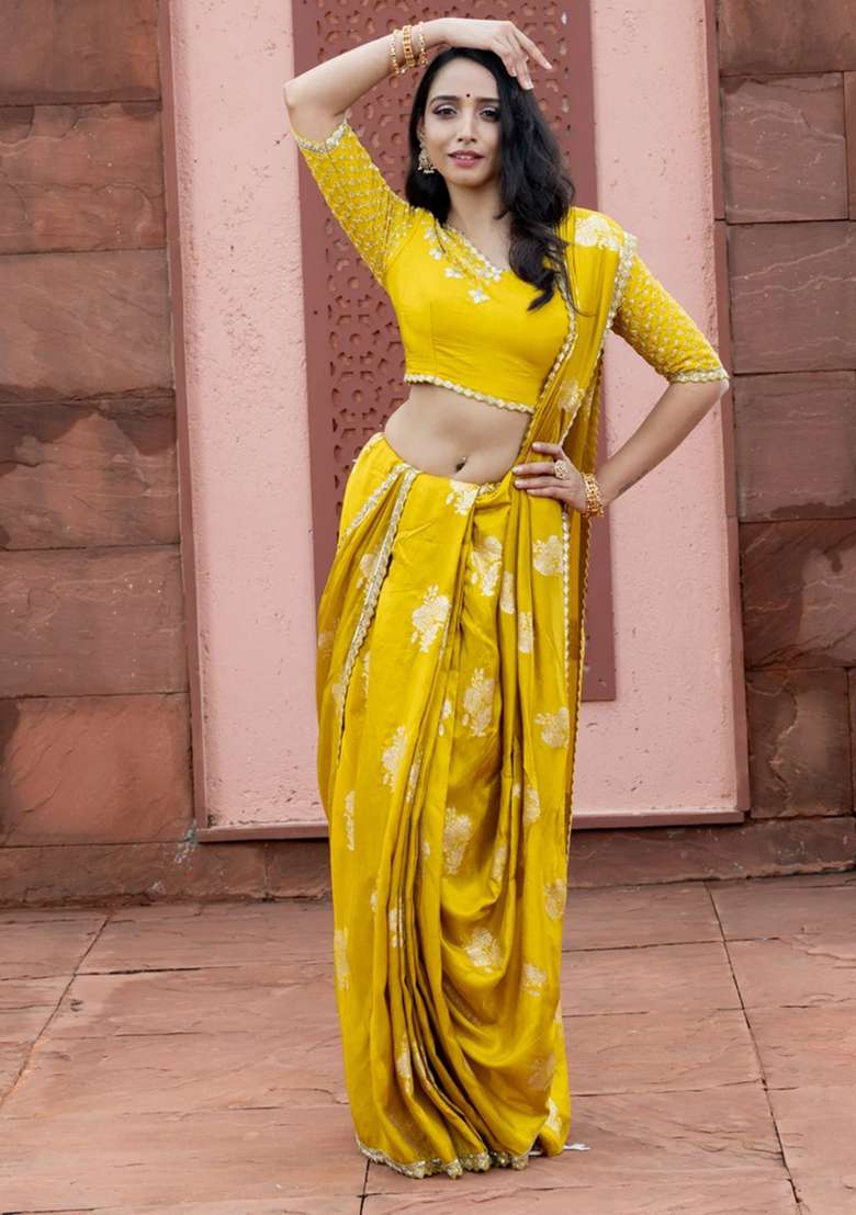 Banarasi Silk Saree Lime Yellow With Floral Zari Woven Buttas And Beaded Work Border With Buttas And Brocade Design For Women - Indya