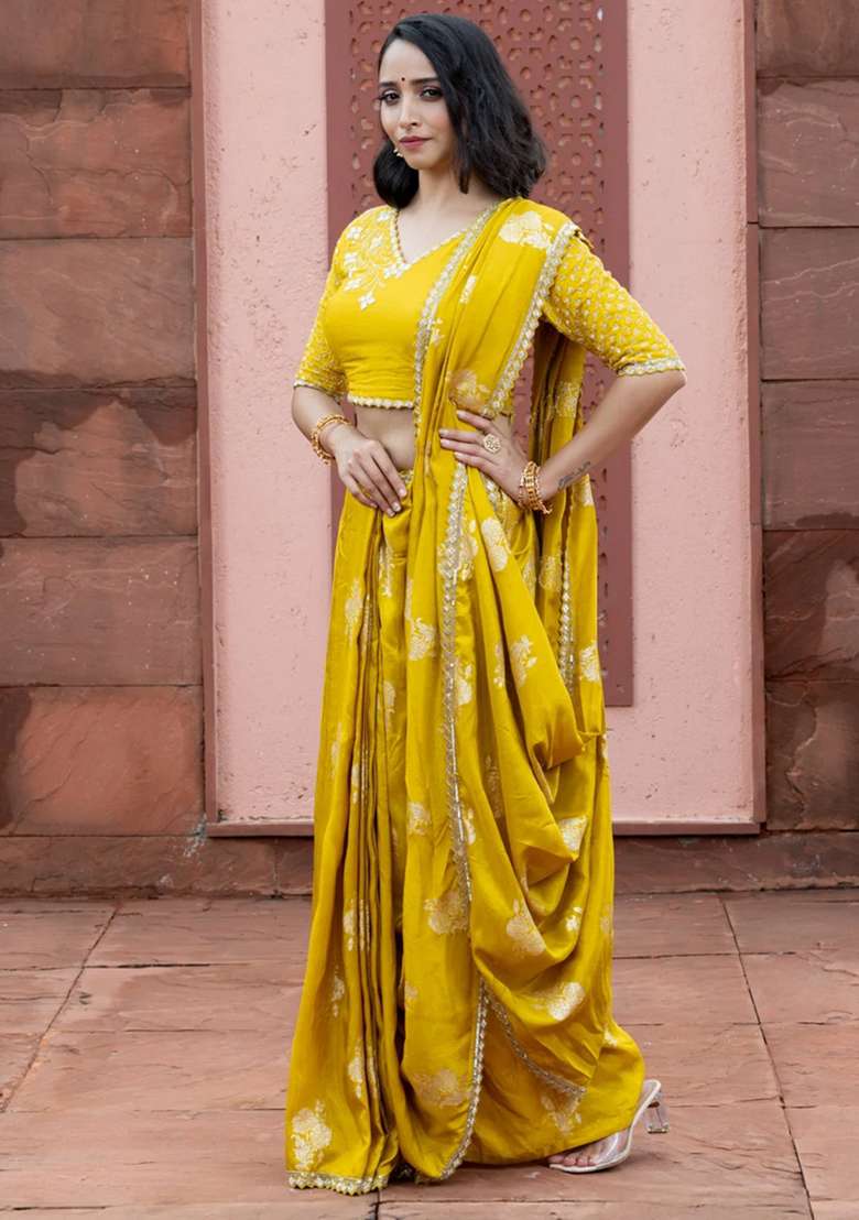Banarasi Silk Saree Lime Yellow With Floral Zari Woven Buttas And Beaded Work Border With Buttas And Brocade Design For Women - Indya