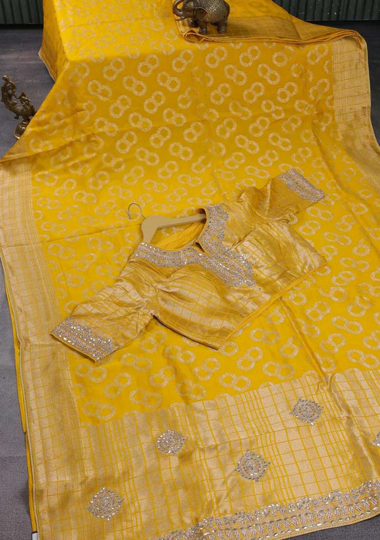 Banarasi Silk Saree Yellow With Allover Silver Gold Zari Woven Buttas And Gotapatti Work Pallu With Buttas And Brocade Design For Women - Indya