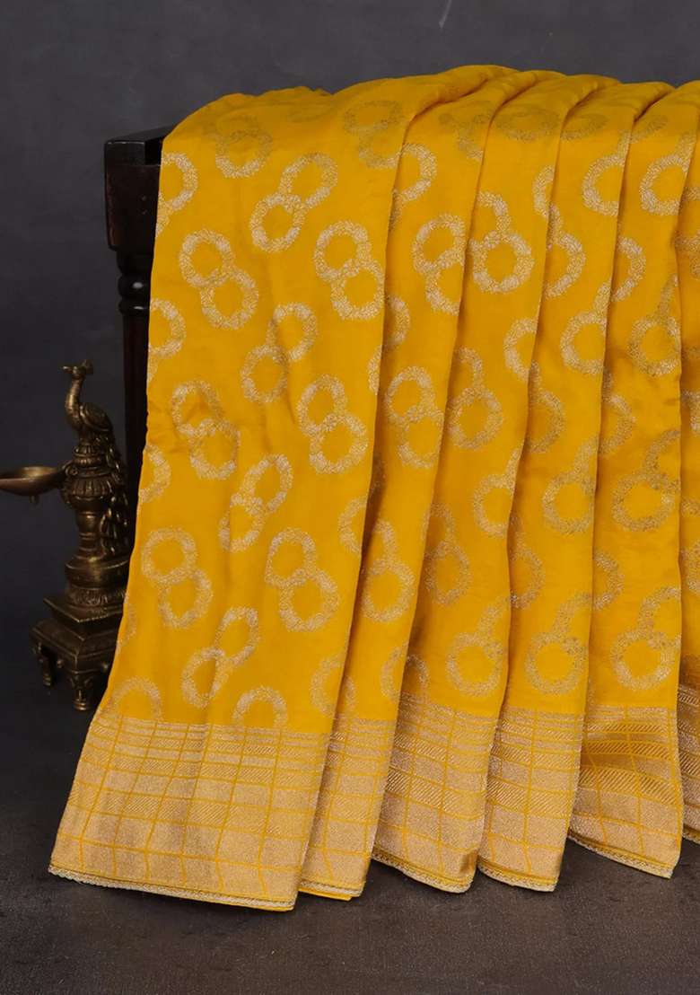 Banarasi Silk Saree Yellow With Allover Silver Gold Zari Woven Buttas And Gotapatti Work Pallu With Buttas And Brocade Design For Women - Indya