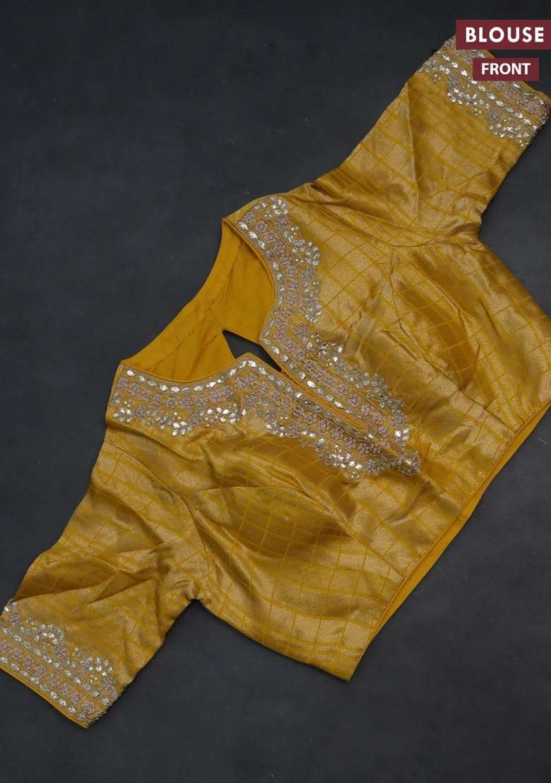 Banarasi Silk Saree Yellow With Allover Silver Gold Zari Woven Buttas And Gotapatti Work Pallu With Buttas And Brocade Design For Women - Indya