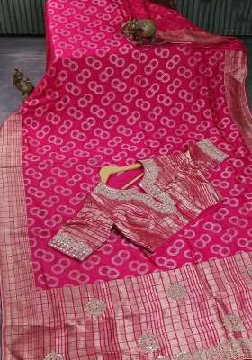 Banarasi Silk Saree Pink With Allover Silver Gold Zari Woven Buttas And Gotapatti Work Pallu With Buttas And Brocade Design For Women