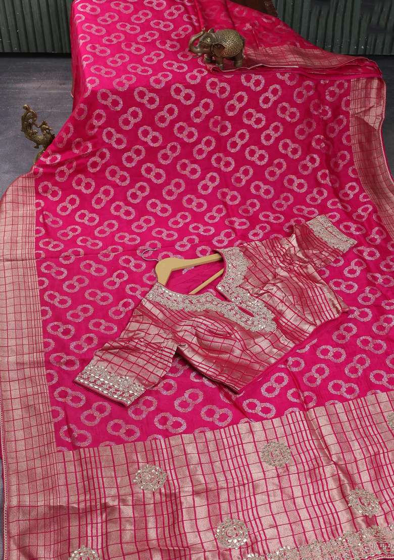 Banarasi Silk Saree Pink With Allover Silver Gold Zari Woven Buttas And Gotapatti Work Pallu With Buttas And Brocade Design For Women - Indya