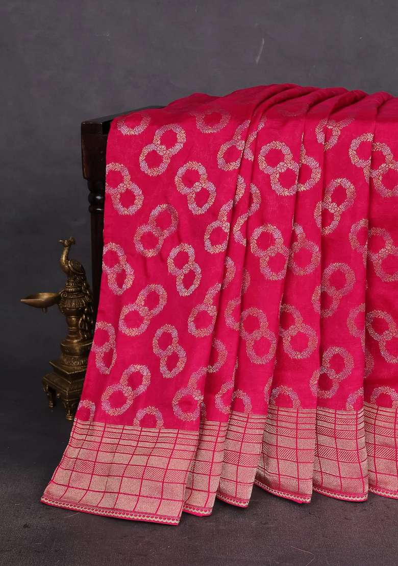 Banarasi Silk Saree Pink With Allover Silver Gold Zari Woven Buttas And Gotapatti Work Pallu With Buttas And Brocade Design For Women - Indya