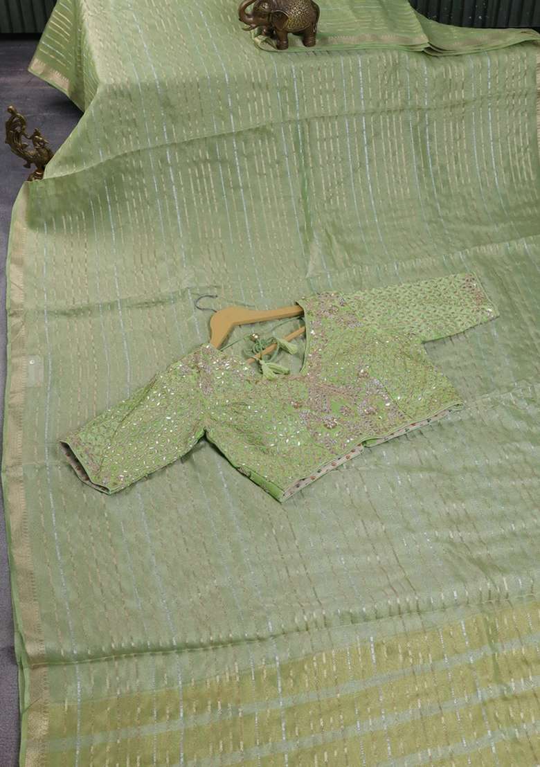 Tissue Silk Saree Light Green With Allover Silver Gold Zari Weaves And Zari Woven Border With Traditional Woven Design For Women - Indya