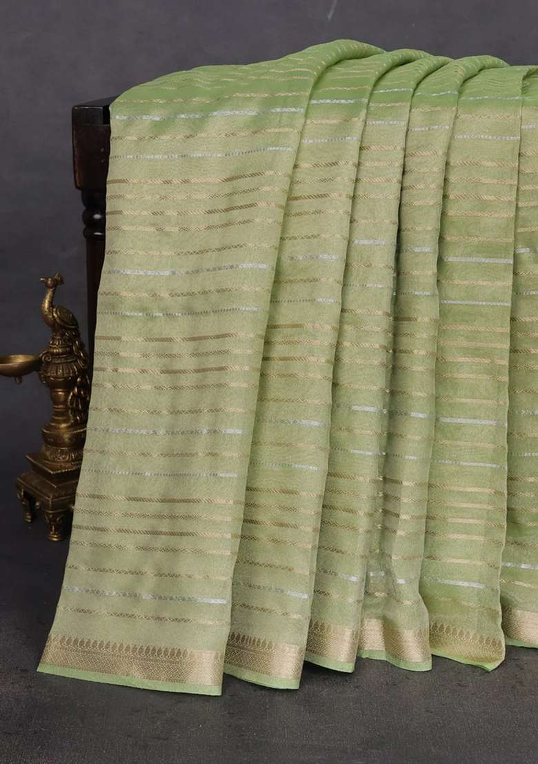 Tissue Silk Saree Light Green With Allover Silver Gold Zari Weaves And Zari Woven Border With Traditional Woven Design For Women - Indya