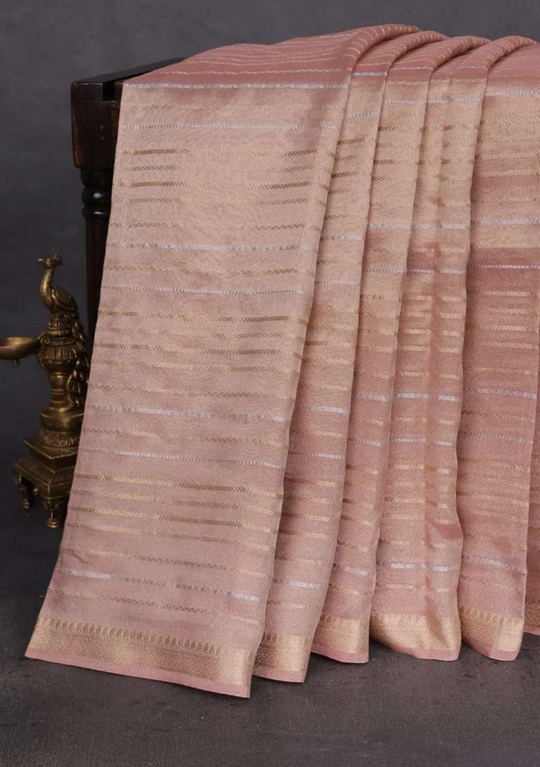 Tissue Silk Saree Pastel Peach With Allover Silver Gold Zari Weaves And Zari Woven Border With Traditional Woven Design For Women - Indya