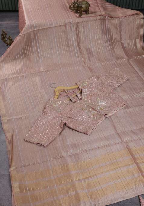 Tissue Silk Saree Pastel Peach With Allover Silver Gold Zari Weaves And Zari Woven Border With Traditional Woven Design For Women