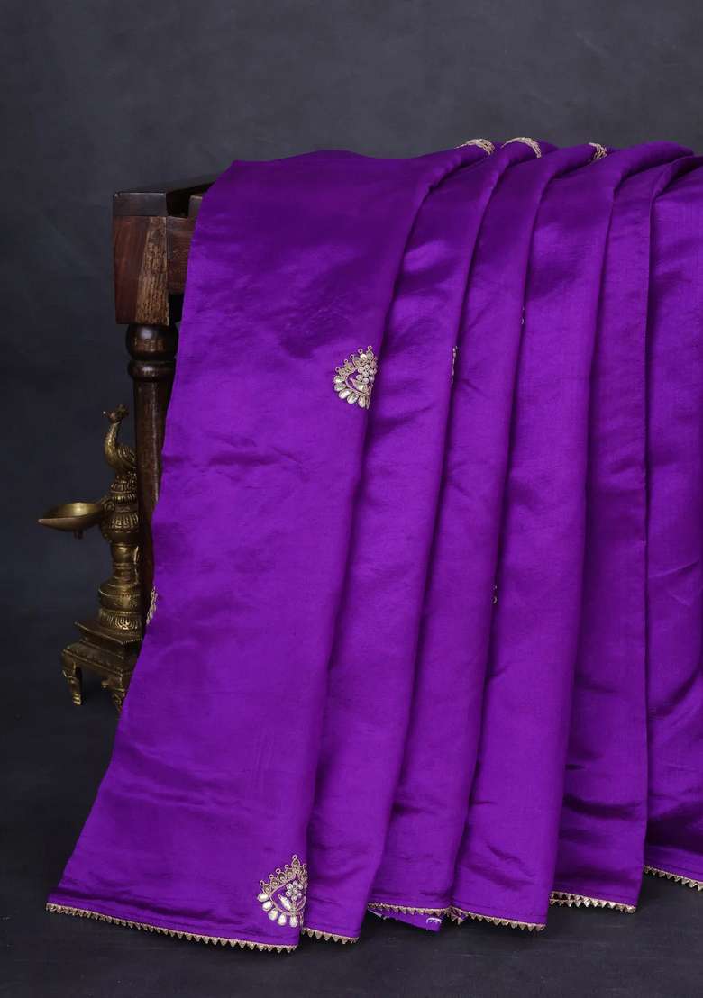 Munga Tussar Silk Saree Violet With Gotapatti Work Buttas And Lace Work Border With Buttas And Brocade Design For Women - Indya