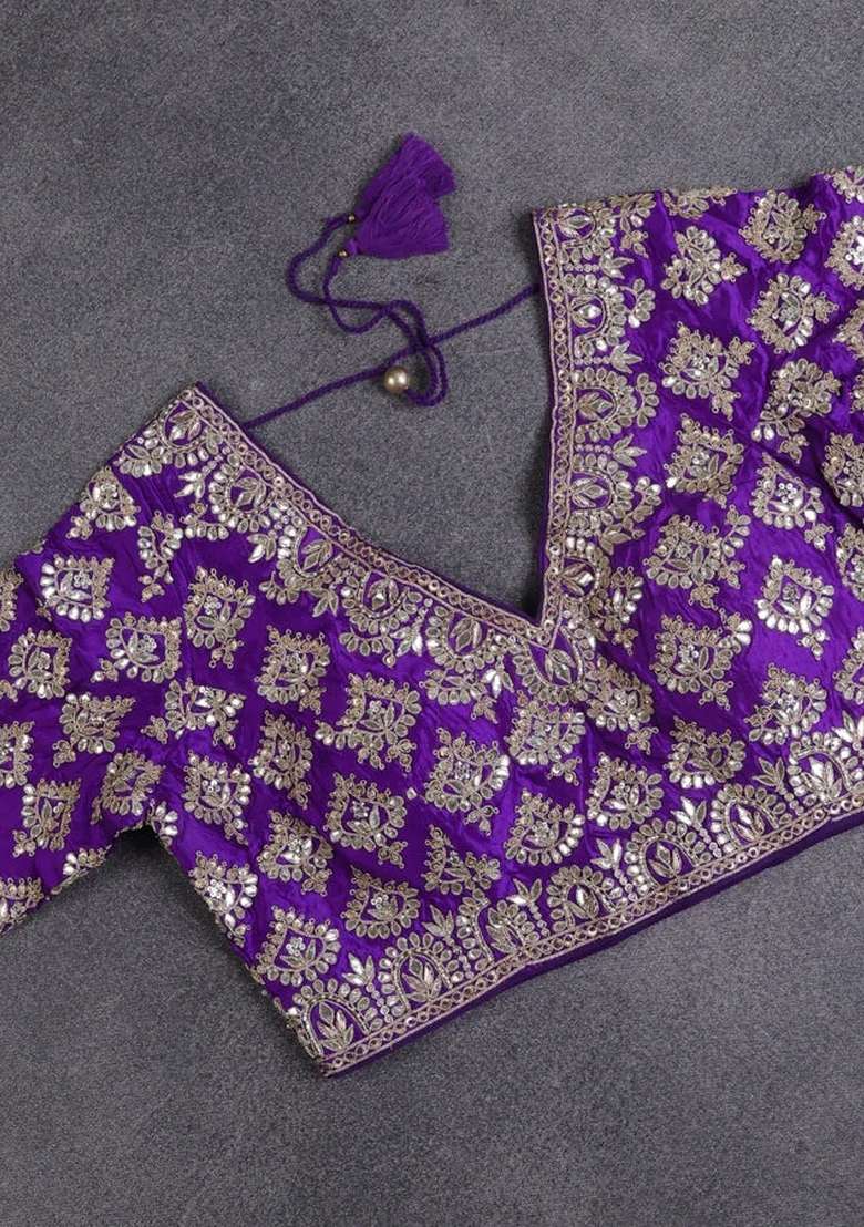 Munga Tussar Silk Saree Violet With Gotapatti Work Buttas And Lace Work Border With Buttas And Brocade Design For Women - Indya