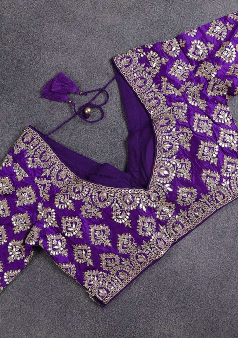 Munga Tussar Silk Saree Violet With Gotapatti Work Buttas And Lace Work Border With Buttas And Brocade Design For Women - Indya