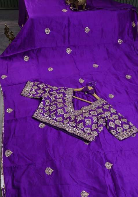 Munga Tussar Silk Saree Violet With Gotapatti Work Buttas And Lace Work Border With Buttas And Brocade Design For Women