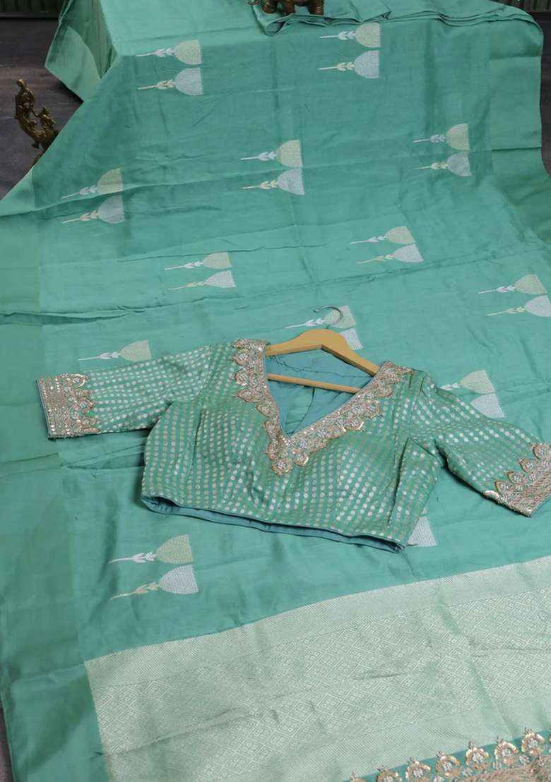Munga Tussar Silk Saree Pastel Green With Silver Gold Floral Buttas And Gotapatti Work Pallu With Buttas And Brocade Design For Women - Indya