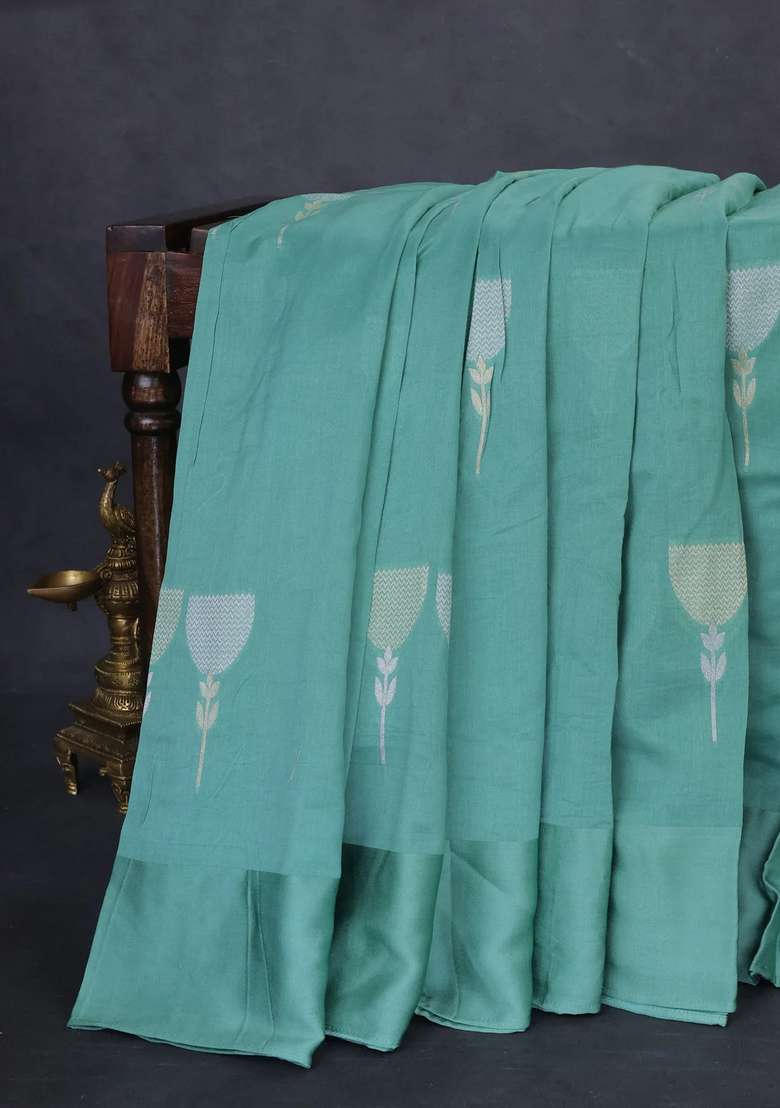 Munga Tussar Silk Saree Pastel Green With Silver Gold Floral Buttas And Gotapatti Work Pallu With Buttas And Brocade Design For Women - Indya