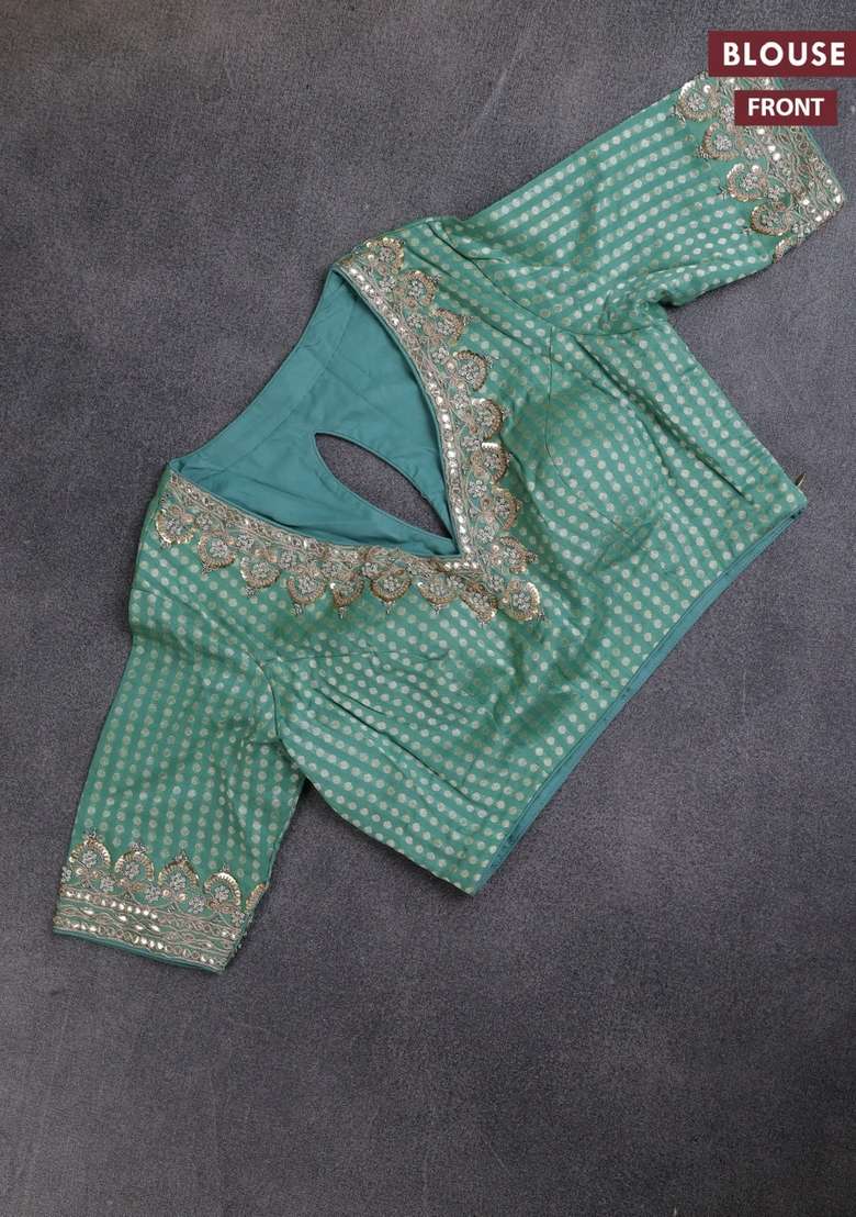 Munga Tussar Silk Saree Pastel Green With Silver Gold Floral Buttas And Gotapatti Work Pallu With Buttas And Brocade Design For Women - Indya