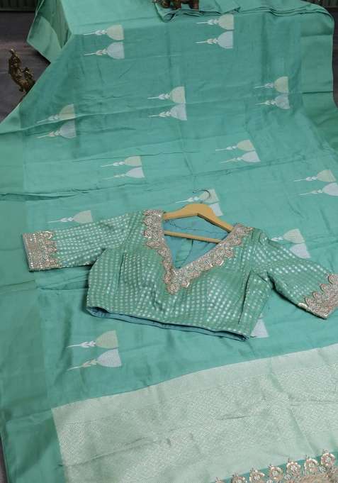 Munga Tussar Silk Saree Pastel Green With Silver Gold Floral Buttas And Gotapatti Work Pallu With Buttas And Brocade Design For Women