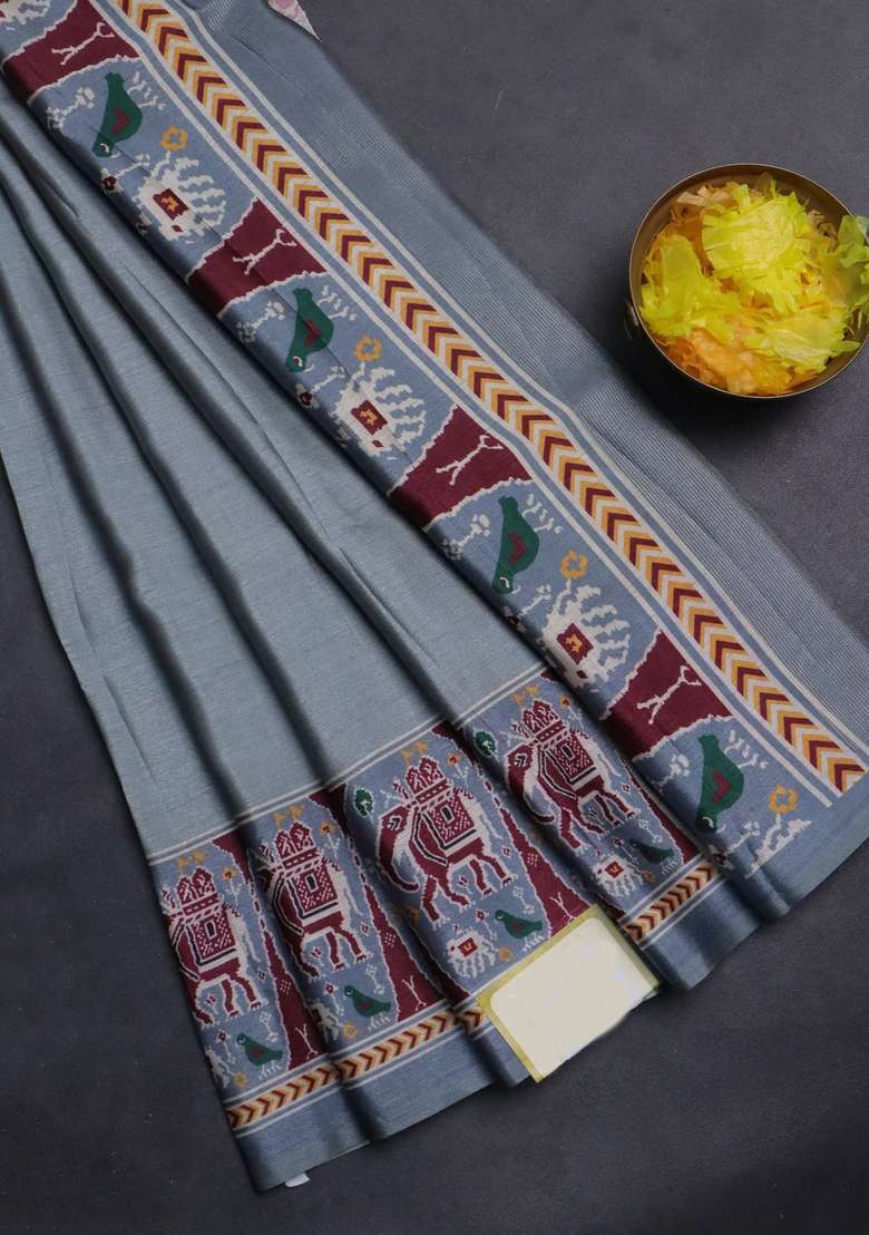 Semi Tussar Saree Grey With Plain Body And Patola Printed Border For Women - Indya