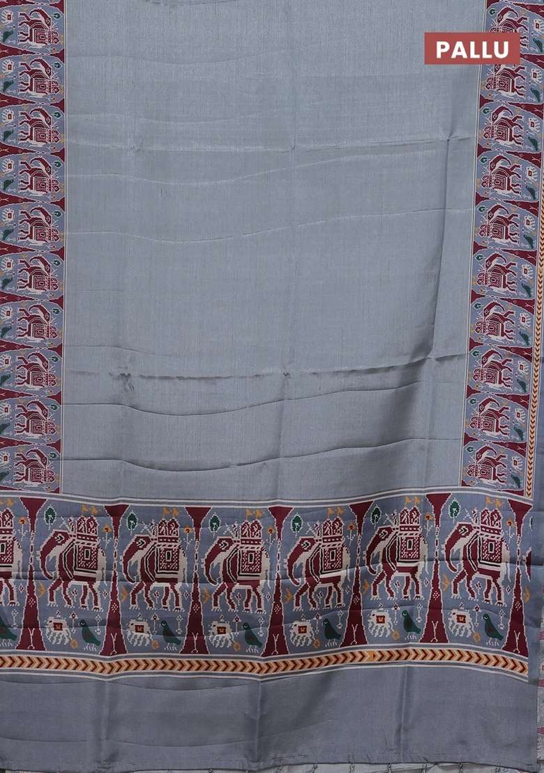 Semi Tussar Saree Grey With Plain Body And Patola Printed Border For Women - Indya