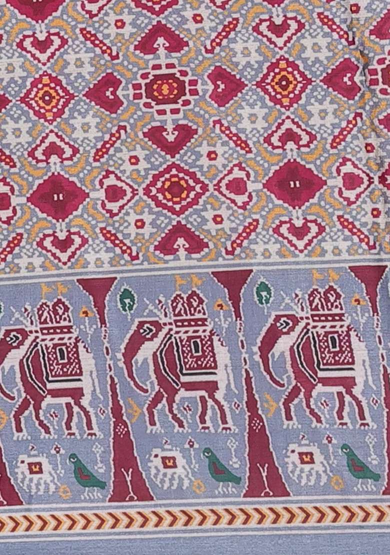 Semi Tussar Saree Grey With Plain Body And Patola Printed Border For Women - Indya