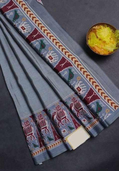 Semi Tussar Saree Grey With Plain Body And Patola Printed Border For Women