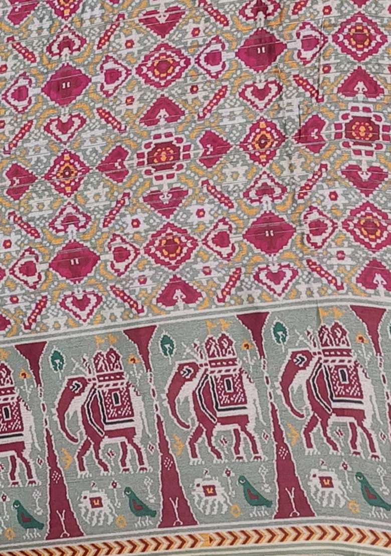 Semi Tussar Saree Pastel Green With Zari Stripes Pattern And Patola Printed Border For Women - Indya