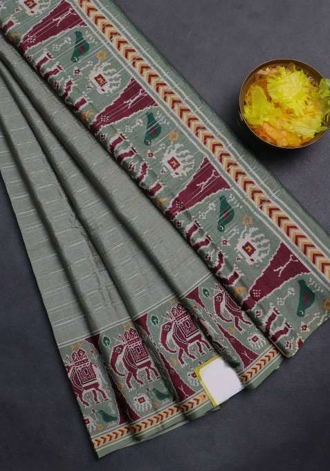 Semi Tussar Saree Pastel Green With Zari Stripes Pattern And Patola Printed Border For Women