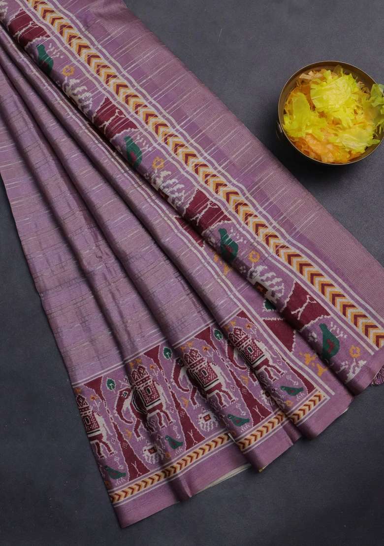 Semi Tussar Saree Mauve Pink With Zari Stripes Pattern And Patola Printed Border For Women - Indya